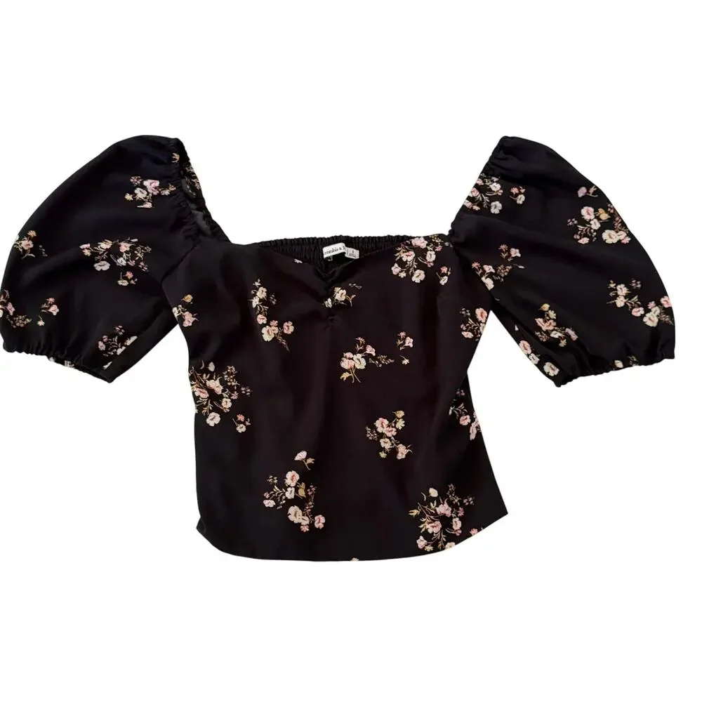Abercrombie & Fitch Black Floral Smocked Puff Sleeve Crop Top Size S Cottagecore